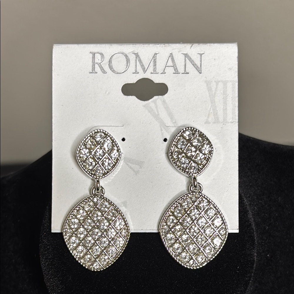 NWT Roman Rhinestone Dangle Silver Formal Graduation Elegant Prom Earrings​